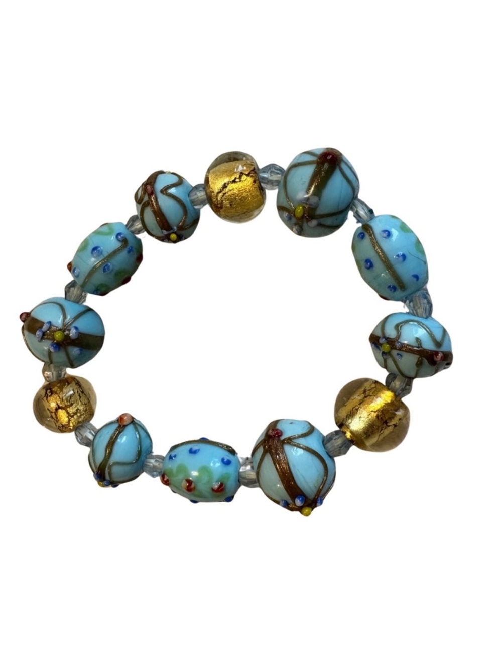 Handmade Aqua Blue Art Glass Bead Stretch Bracelet Gold Foil Accents